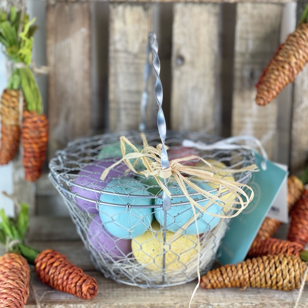 Easter Eggs in Metal Wire Basket